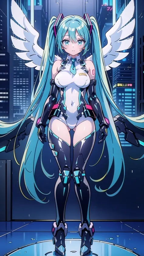 masterpiece,  Hatsune Miku VOCALOID , ((Mecha Girl)),    Twin Tails ,   Light Blue Eyes ,  blue hair,    Bodysuit    , (( angel wings )), (Mecha Girl), ((  cyberpunk )),    The ultimate physical beauty,   high heels,    beautiful eyes  , Big Breasts, Big B...