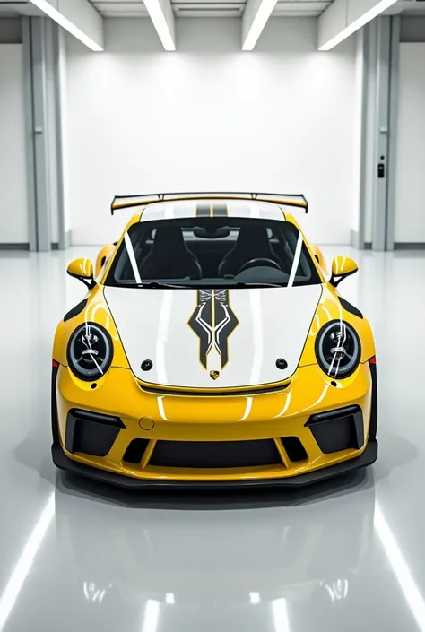 Yellow Porsche 911 GT3 with white details with white recessed carbon hood with super technological racing pattern in a huge white garage