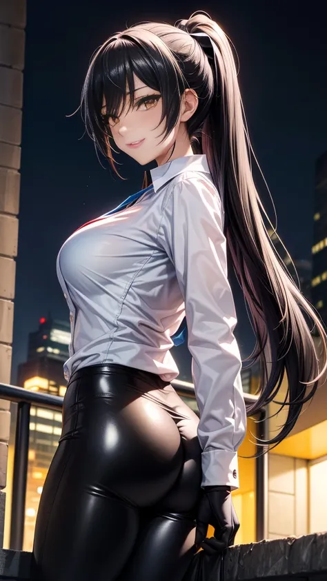 (Yaedef :1.4), 8K, highres,  ultra detailed , ( Masterpiece:1.4),  Best Quality , Sakuya Shirase, symmetrical body, beautiful, Alone, standing,  dynamic pose ,  seen from behind , culo perfecto,  looking at the spectator , Tender smile, long ponytail black...