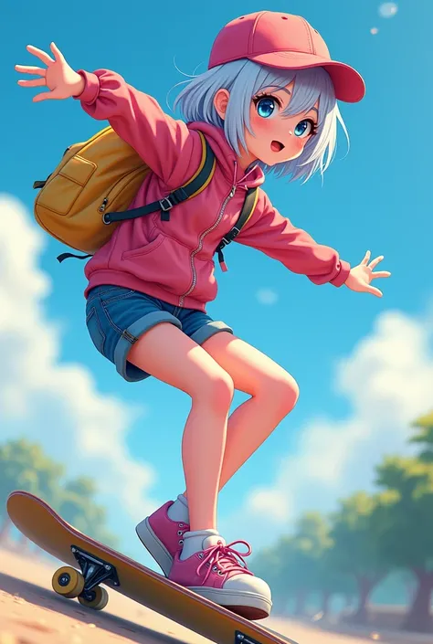 Masterpiece, best quality, (very detailed CG Unity 8k wallpaper) (best quality), (best illustration), best shadow, (a girl playing skateboarding: 1.3), , cute, short white hair, cap, sweet cool, shiny details of the eyes, (color flight suit), fashion short...