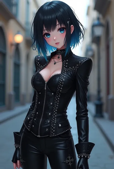 chica estilo anime,   short black hair with dark blue tips equal to two eyes  ,   full body from head to toe,  big tits .
  Black Gothic jacket  :   It is tight and decorated with lace details and silver ornaments  ,   providing an elegant and refined touc...