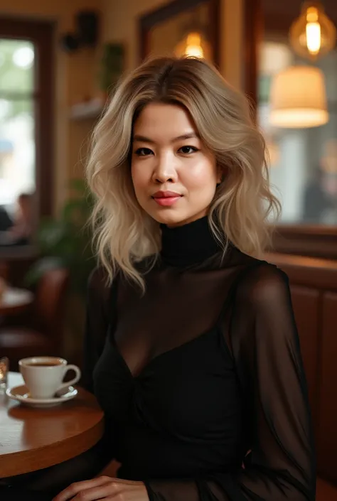 A hyper realistic blonde woman with brown eyes sits in a cozy coffee shop, black high neck line elegant dress. The warm ambiance of the café surrounds her, with soft lighting, wooden furniture, and the comforting aroma of freshly brewed coffee creating a s...