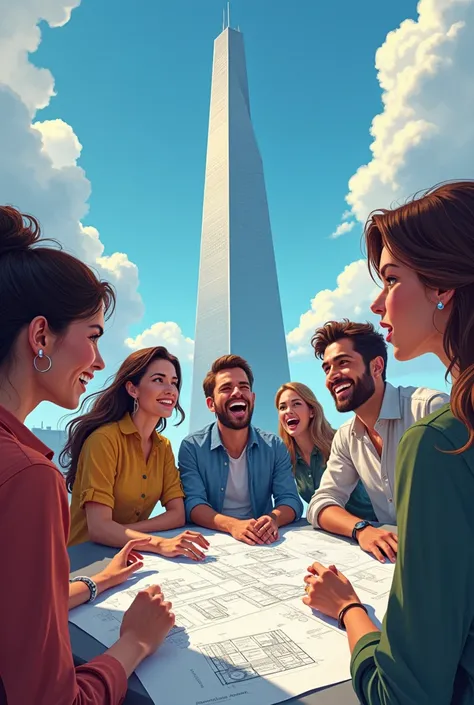  A group of people arguing in a circle , showing plans of a gigantic tower ,  with faces full of determination and enthusiasm,  under a clear sky .