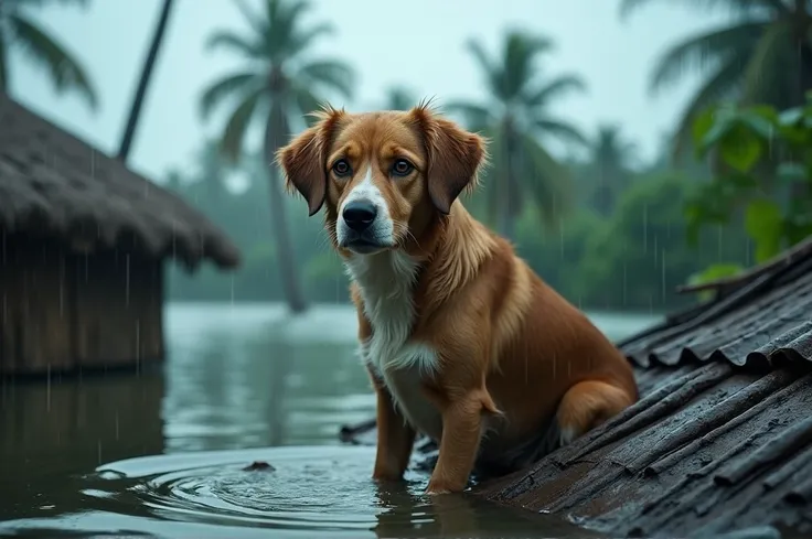 A close-up shot of the dog sitting forlornly on the roof of a flooded hut, its fur soaked and water dripping from its ears. The rain pours heavily, creating ripples in the floodwaters surrounding the hut. The dogs sad, pleading eyes gaze into the distance,...