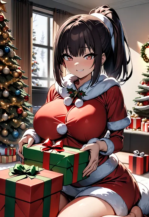 (  Masterpiece ,   top quality:1.2), (((One anime girl))) , (((Alone))),   Expressive Eyes ,  sexy, Santa girl costume, (((Dark-haired ponytail ))). ((( straight hair))), (smile), (((Reddish brown eyes))), ((( holding a present with both hands))), Christma...