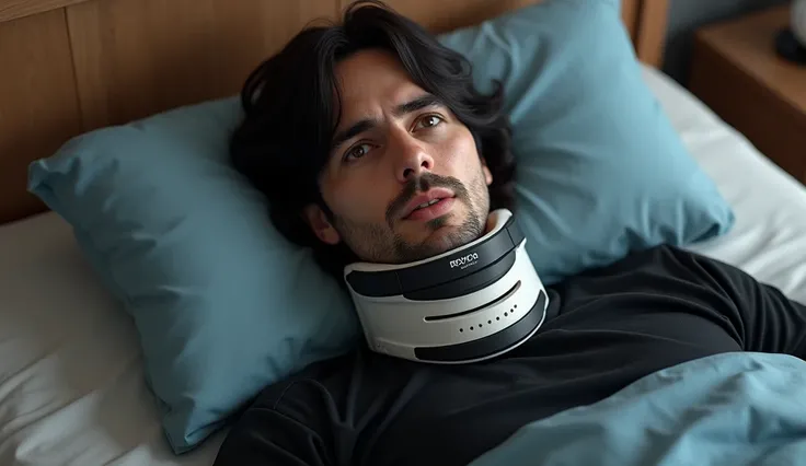 Realistic picture ,a man with shoulder length hair, lying in bed , show up on face , with brown eyes and black hair ,wearing a neck brace, wearing black T-shirt, realistic style, realism