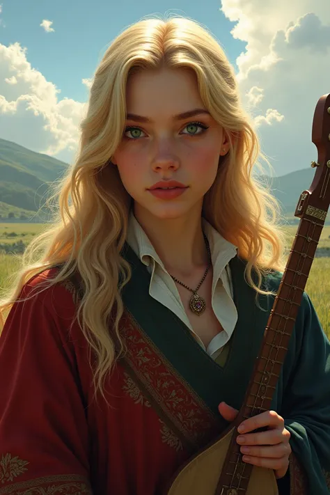 Uma personagem do universo de the witcher, a noble human bard , Young,  with long golden blonde hair and vibrant green eyes