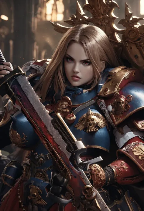 detailed high quality portrait of a Warhammer 40k sisters of battle Canoness, beautiful detailed face, piercing eyes, full lips, ornate battle armor, holding a blessed power sword, dramatic lighting, cinematic composition, vibrant colors, intricate details...