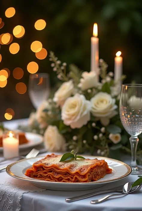 Create the image of an elegant white wedding table. On the table there is a bunch of white and olive green flowers. The focus is on the food, with a dish of Italian Lasagna, against the backdrop of a garden in Italy at night.