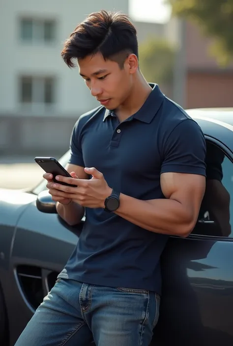  1 Korean man, navy polo shirt, jeans , (((Big arm muscles,  tight breasts ,  Muscle Bundle, ))), (((Men with short hair))), (((, big muscles, big torso))), (((Seductive fit body ))), ((Short Hairstyle))), , ((Sports Car Backrest ))), daytime , Holding an ...