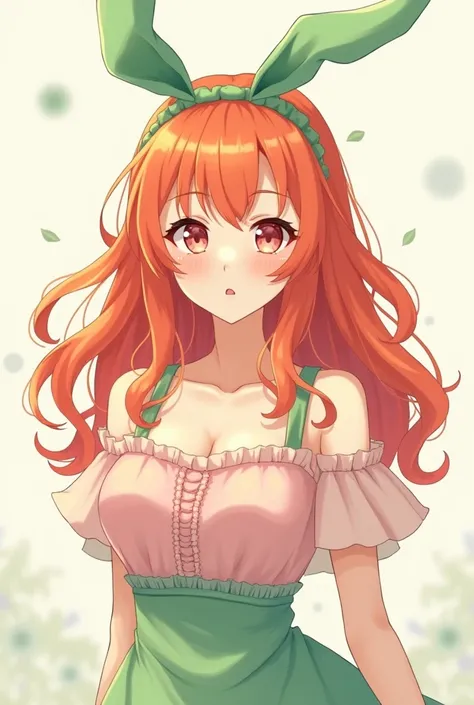 Pink eyes orange hair. Long hair with bunny ribbon green color. Short dress green pink color.and white. Medium boobs size. Half body picture frame size.