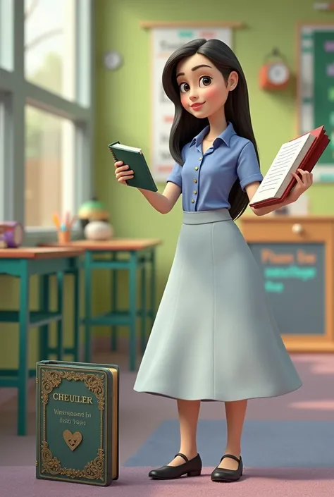 teacher holding book , phấn, 3d animation style