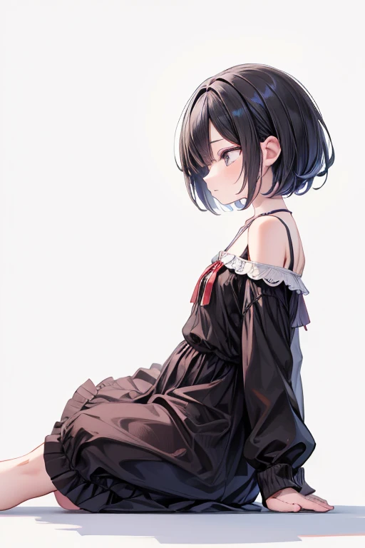 (high resolution),(best quality),(looking away:1.2),,8k,4k,side angle,side view,(girl),hair over one eye,(black hair,very short hair),full body