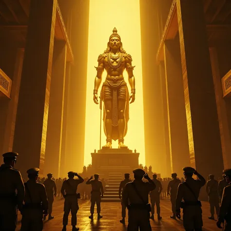 "A radiant golden statue of Lord Murugan glowing with an intense divine light, illuminating the dark temple hall. British soldiers are shown collapsing or shielding their eyes, terrified by the supernatural glow." Indian realistick character 4k 