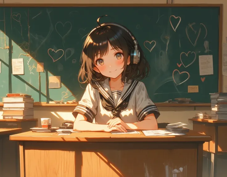  cute high school girl placing her hands on the pulpit in the classroom and putting her face on it。High school girl putting on headphones and looking at me and smiling lightly ,There is a blackboard in the back and a heart graffiti 。