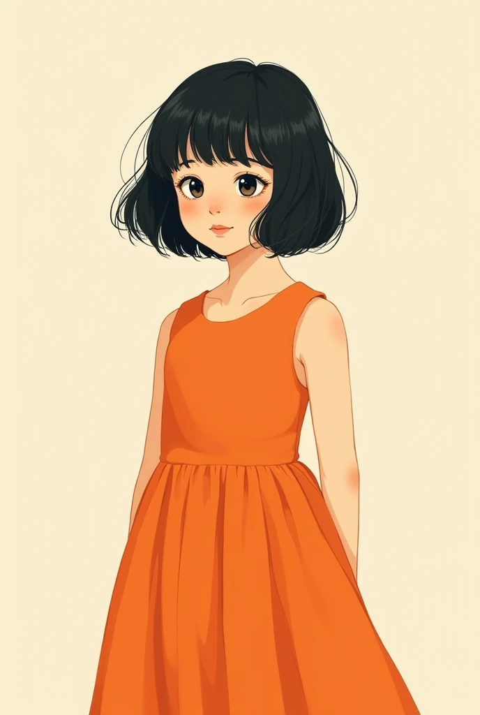  wearing an orange dress、Of bob-cut hair、 illustration of a  girl with bob-cut hair 