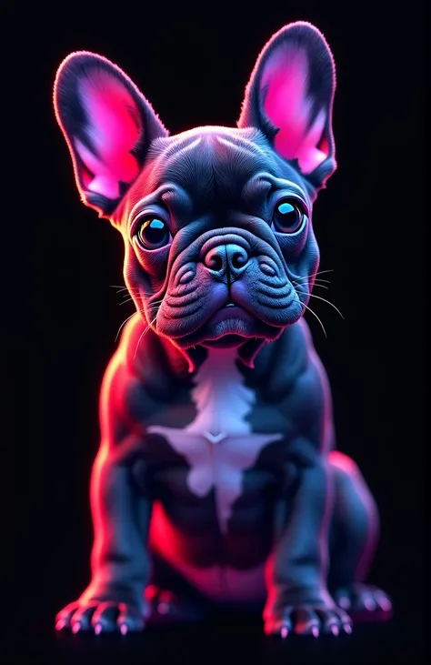 brightly colored French Bulldog with a black background and a text box, BEAUTIFUL 4K ART ,  4K Highly Detailed Digital Art , French Bulldog.  Digital Paint,  4K Detailed Digital Art,  Digital Paint highly detailed, Detailed painting 4k, beautiful neon Fren...