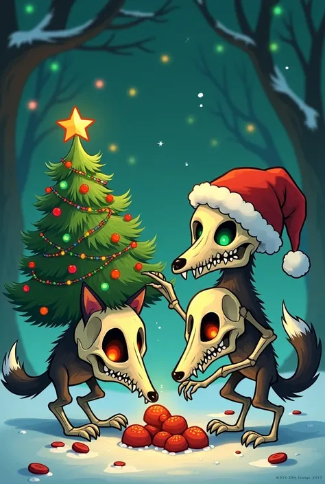 Christmas cartoon of a wolf skull with two of them picking them up as candy with a Christmas tree on their skull with fiery green eyes 