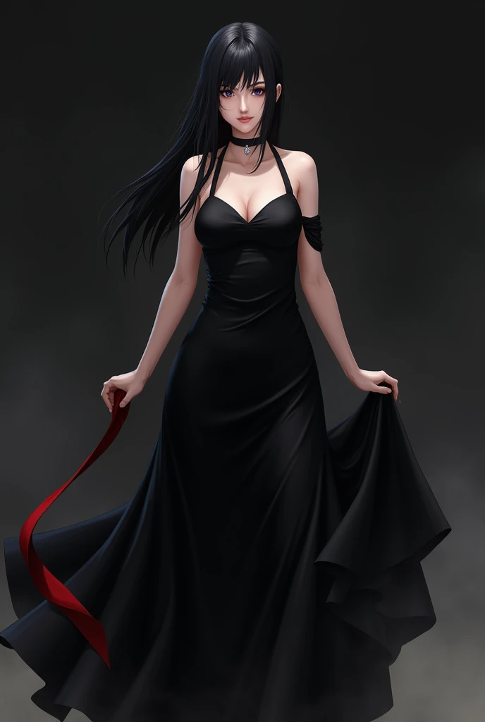 Create an image of Sarada Uchiha wearing a black dress attached to it