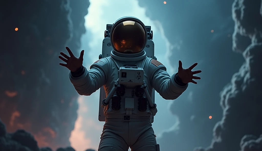 An astronaut with his hands in front as if leaving the screen