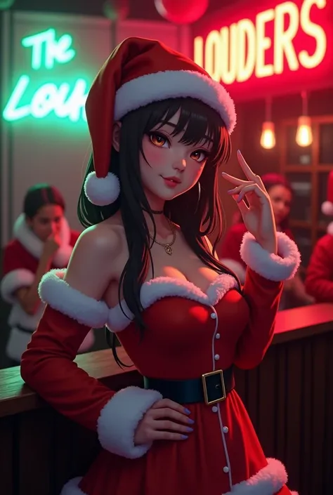  beautiful girl at the club where the music is playing looks like Santa and has a sign with the letters 、The 、LOUDERSの文字が書いてある看板を持っている
サンタの格好にして
LOUDERSは大文字
看板はキラキラさせて
chest元を開けて欲しい 1 girl, chest,  1 girl, 
 blush, 
Tortoiseshell binding