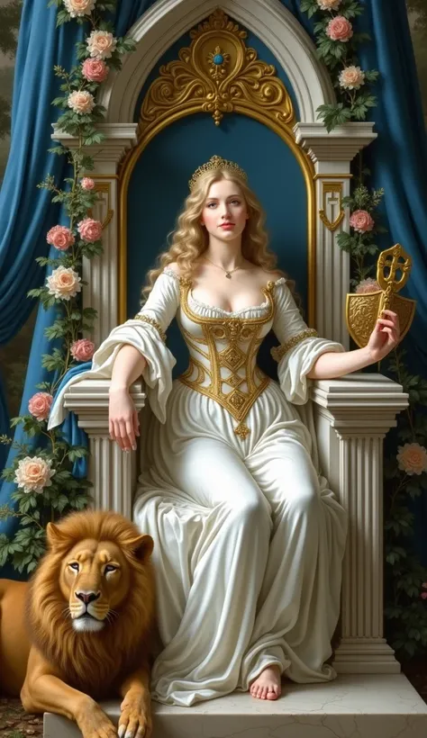 Imagine Anne of Austria, the Queen of France and wife of Louis XIII, seated on a white marble throne trimmed with gold and precious stones, surrounded by blue and white silk curtains hanging from a tall, majestic canopy. Her wavy blonde hair cascades down ...