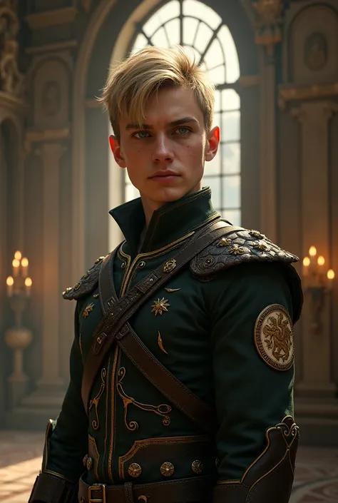 Um personagem do universo de the witcher, A noble young human guard, muscular, with short blonde hair,  vibrant green eyes 