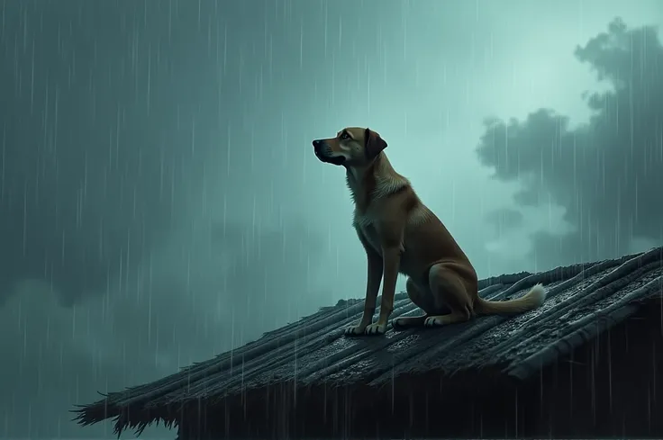 The loyal dog sitting dejectedly on the roof of the hut in a Kerala village, drenched in the heavy downpour. Its tail is tucked, and it gazes at the grey, storm-filled sky, whining softly.