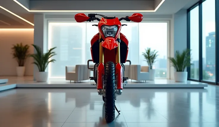 A stunning 2025 Suzuki drz 400 dirt bike motorcycle stands proudly in a sleek, modern showroom. The front view showcases the sleek handlebars, distinctive frame design, and intricate details of the front wheel and brake system. The bikes vibrant red color ...