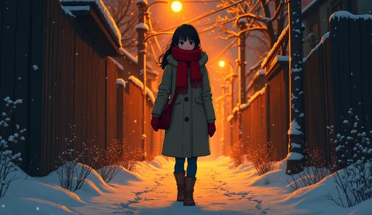 A woman in her 20s walking lonely down a back alley in a city on a winter night
The woman is wearing a red scarf, a long coat, a shoulder bag, and UGG boots
The overall mood is orange
It is snowing, the shadows around are long, and the lights of the forest...