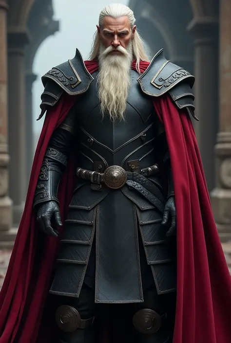  targaryen with platinum blonde hair and beard, broad-shouldered and powerful in appearance, with purple eyes! and with a red cape and black armour