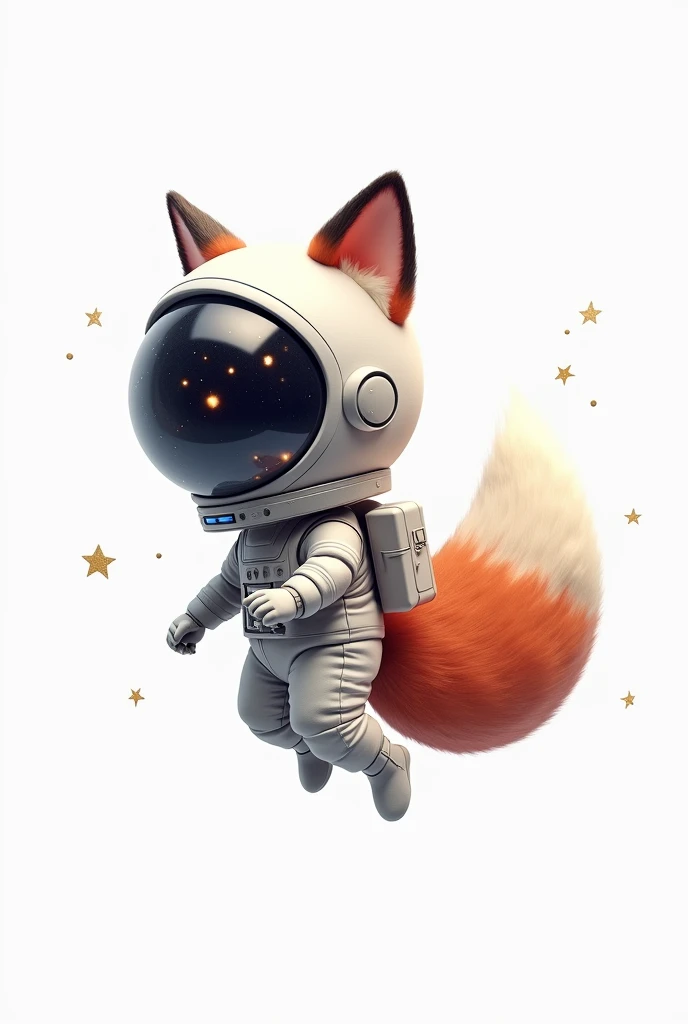  Create an image of a fox in an astronaut suit , floating in space.  The fox must be wearing a bright silver space suit ,  with a reflective helmet ,  showing stars and planets .  Her tail is elegantly curled upwards ,  as if floating in zero gravity . The...