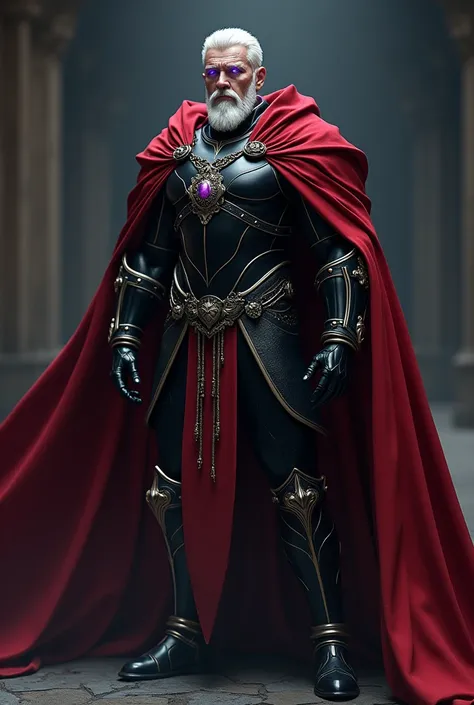 young manwith platinum blonde hair and beard, broad-shouldered and powerful in appearance, with purple eyes! and with a red cape and black armour