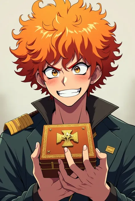 Male anime character, men, afro hair, orange in color, of a confident look ,  and mocked expression and smile, holding an isqueite  