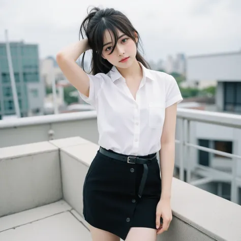 Topview photography of a beautiful young Thai woman model posing as a light-skinned schoolgirl, her hair tied in a ponytail with a few strands covering one eye. She is wearing a fitted black pencil skirt and belt, wearing a white shirt short sleeves six wh...