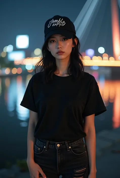 Beautiful Korean woman wears black t-shirt image of bald head,black jeans ripped torn ,  sneakers black hip hop hat writing Jomblo Happy ,  with finger style standing facing the camera ,  city bridge background at night . ultra Hd realist 