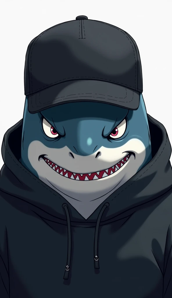  a cartoon shark looking at the camera wearing a backward-facing black cap and a black hoodie, serious anime cartoon , 