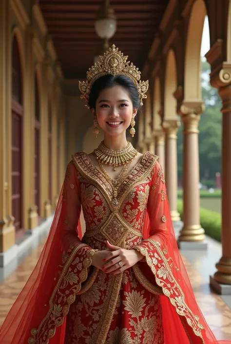 
A front view image of a beautiful Indonesian princess with a joyful expression. She is dressed in traditional Indonesian royal attire. The background features an Indonesian royal palace, capturing the grandeur and elegance of the setting. The scene should...