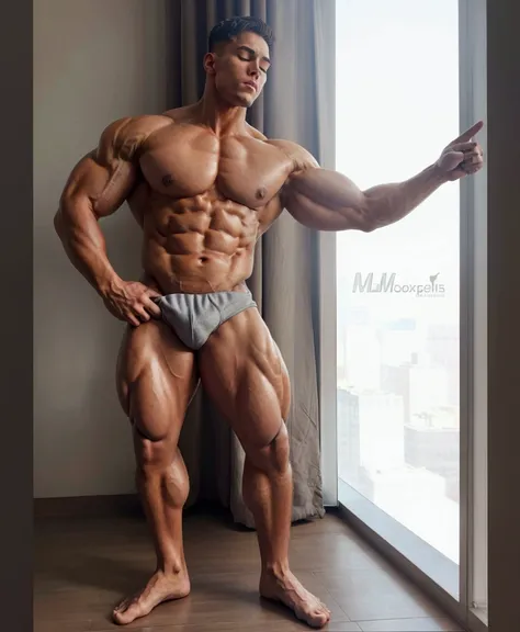 A sleepy male bodybuilder posing in underwear and holding a bottle,  posing and flexing ,  muscular!!, very beautiful. big muscles,  exaggerated physique ,  muscular!!!,  bodybuilder  physique, big muscles,  lean but muscular ,  exaggerated muscular physio...