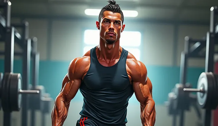 Caricature of Cristiano Ronaldo finishing his intense training session, wearing sports gear, sweating, standing in a gym, with determination on his face, in a dynamic, highly exaggerated art style.