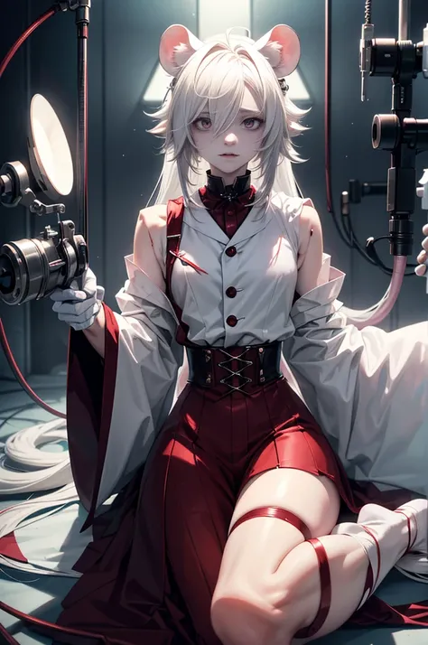 1 femboy, MALE, FEMBOY, ALBINO FEMBOY, mouse ears, mouse tail, solo androgynous male, soft delicate features, male, beautiful femboy, fully clothed in a hospital gown, penis bulge, long white hair, pale, red eyes, button nose, scared expression, sad, in a ...