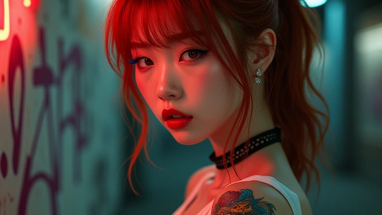 realism, Realistic, super realistic detail : Velvet Skin , ((full body)), standing, back, red head Japanese cute girl,23, with dragon tattoo, Symmetrical lips, Bright shiny red lipstick, Long Blue_ eyelash , ultra realistic 8K CG, masterpiece,((full body))...