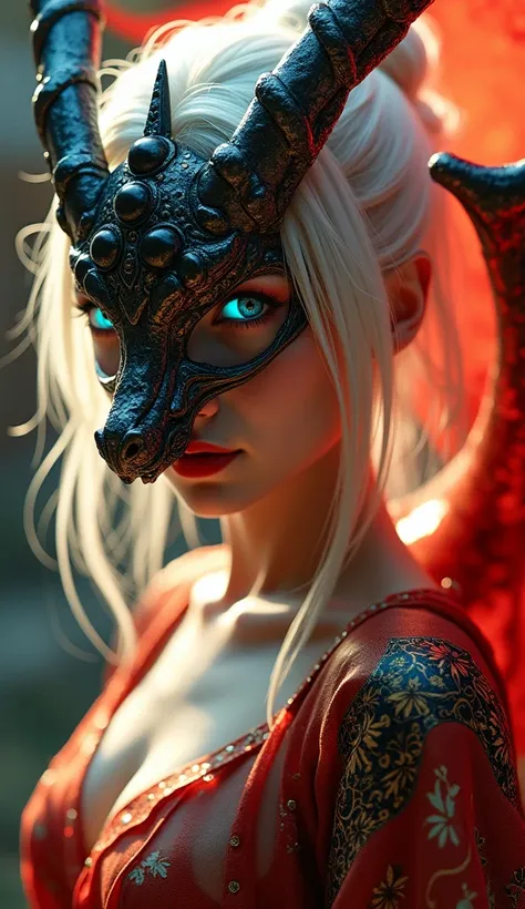 A beautiful girl, a mysterious sexy figure with white hair, glowing blue eyes, carries an elaborately designed robot dragon mask that partially covers half of his magnificent face. The dragon wing wears a thin see-through kimono, a traditional Japanese sty...