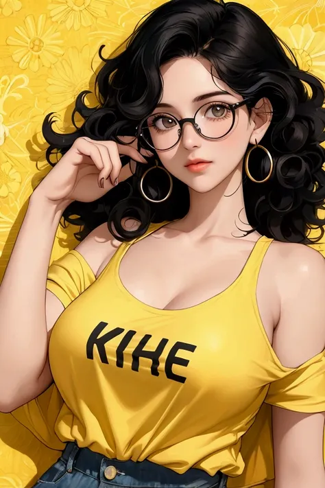  Make a realistic image of a white woman  , with very curly black hair at shoulder length , curly and fringe  , Big cheese wearing round glasses and a low-cut yellow shirt with the word KAHAUTO written on it.  She is looking and running her hand through he...