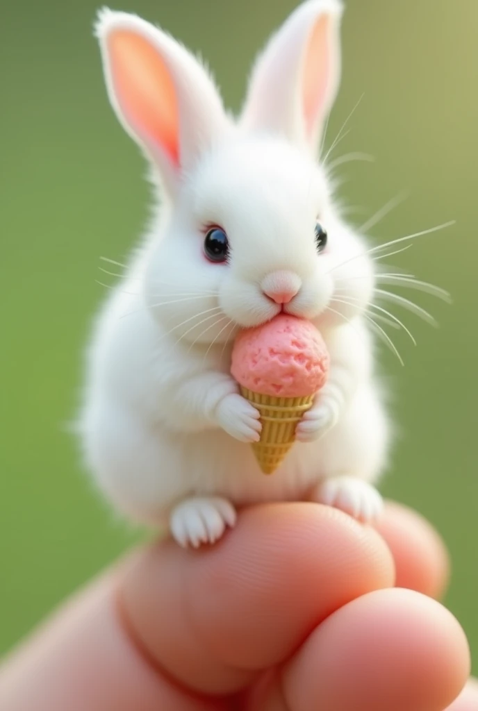 There is a little bunny on the finger ， Little Minzis body is the size of a nail cover ，White furry， It holds a small object similar to ice cream in its mouth。Natural background blurry ， to highlight the cute image of Little Minzi 。 a clear cute image of a...