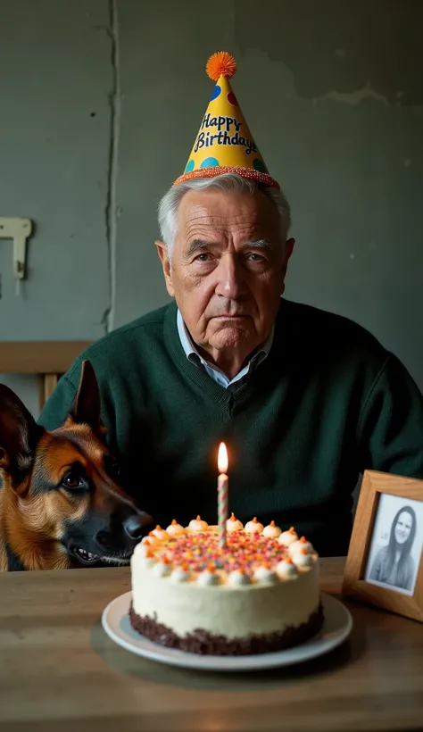 An elderly man in a ROOM. He is sitting at a SMALL table with a sad, introspective expression.
expression. The man is wearing a dark green sweater. He is clean shaven and his face is wrinkled
reveals his advanced age. His frown and forehead express sadness...