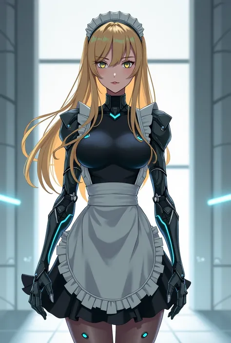  Female anime character, woman, With long blond hair ,  of expression and robotic look, of robotic arms , of lean physique,  wearing a maid outfit  