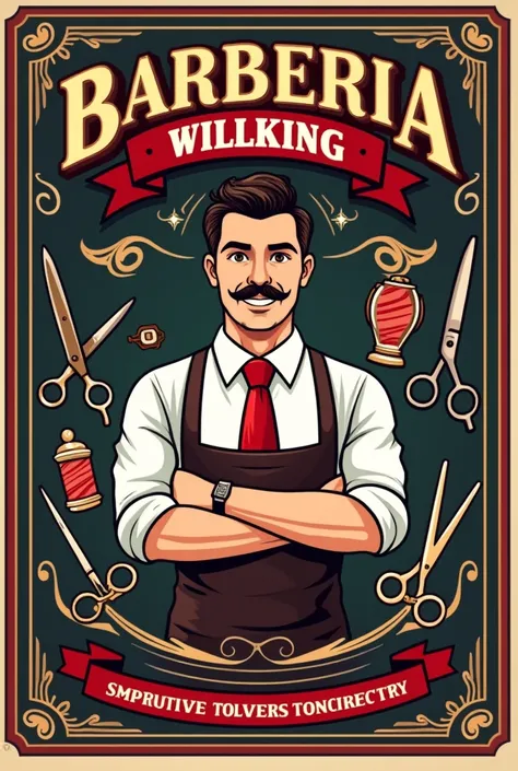 Create a barbershop logo with the name of BARBERIA WILLKING and below GOD ITS GOOD to have barber machines and scissors 

