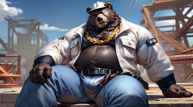 ben (zenless zone zero), (by taran fiddler), (by darkgem:0.8), (by chunie:0.8), masterpiece, (((detailed fluffy fur))), looking at viewer, scar, seductive, ((bedroom eyes)), bear, brown fur, fur, male, (manly:1.3), full body view, fat, musclegut, ((constru...