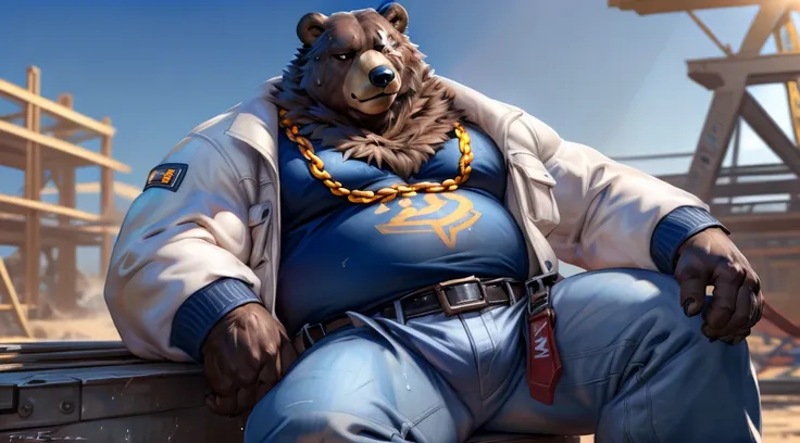 ben (zenless zone zero), (by taran fiddler), (by darkgem:0.8), (by chunie:0.8), masterpiece, (((detailed fluffy fur))), looking at viewer, scar, seductive, ((bedroom eyes)), bear, brown fur, fur, male, (manly:1.3), full body view, fat, musclegut, ((constru...